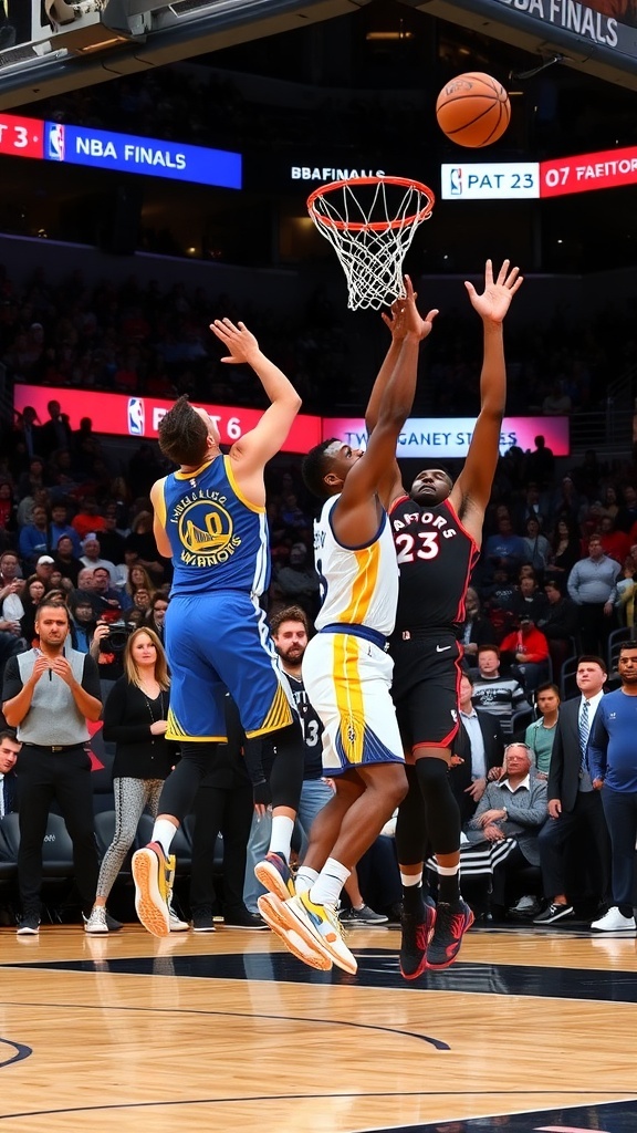 Players from Warriors and Raptors competing in Game 6 of the NBA Finals, with an intense crowd in the background.